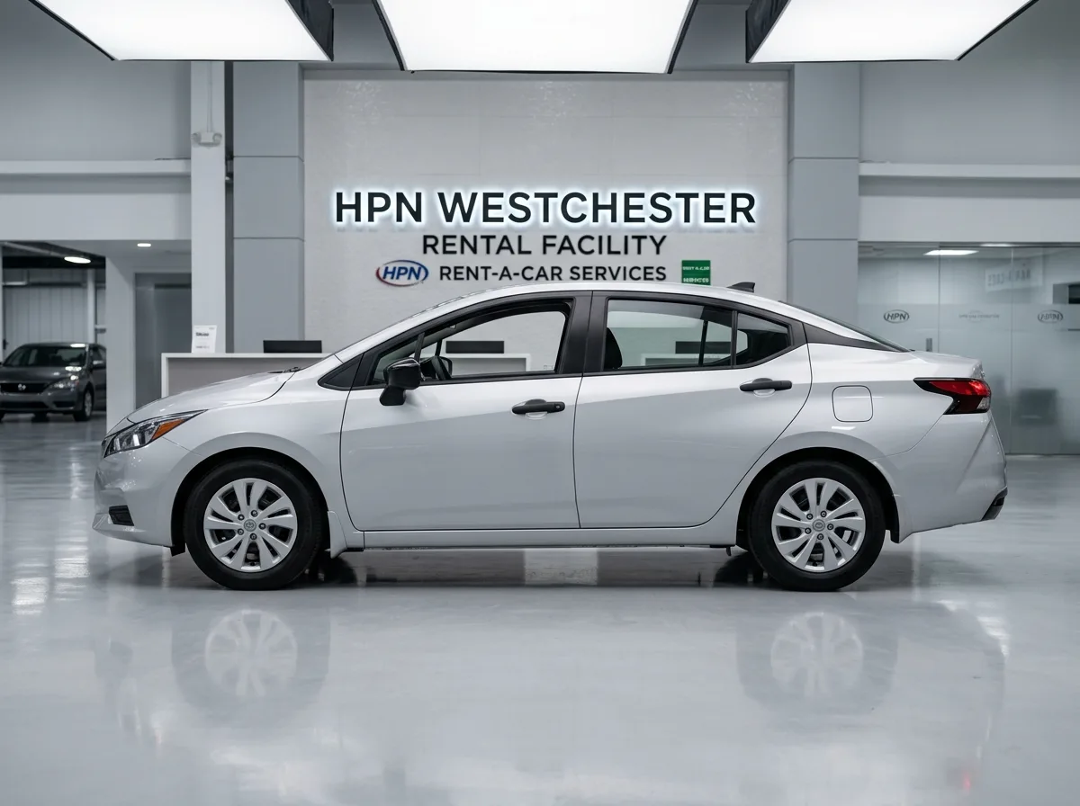 Nissan Versa compact sedan at HPN Westchester rental facility, silver color, side profile, clean studio shot