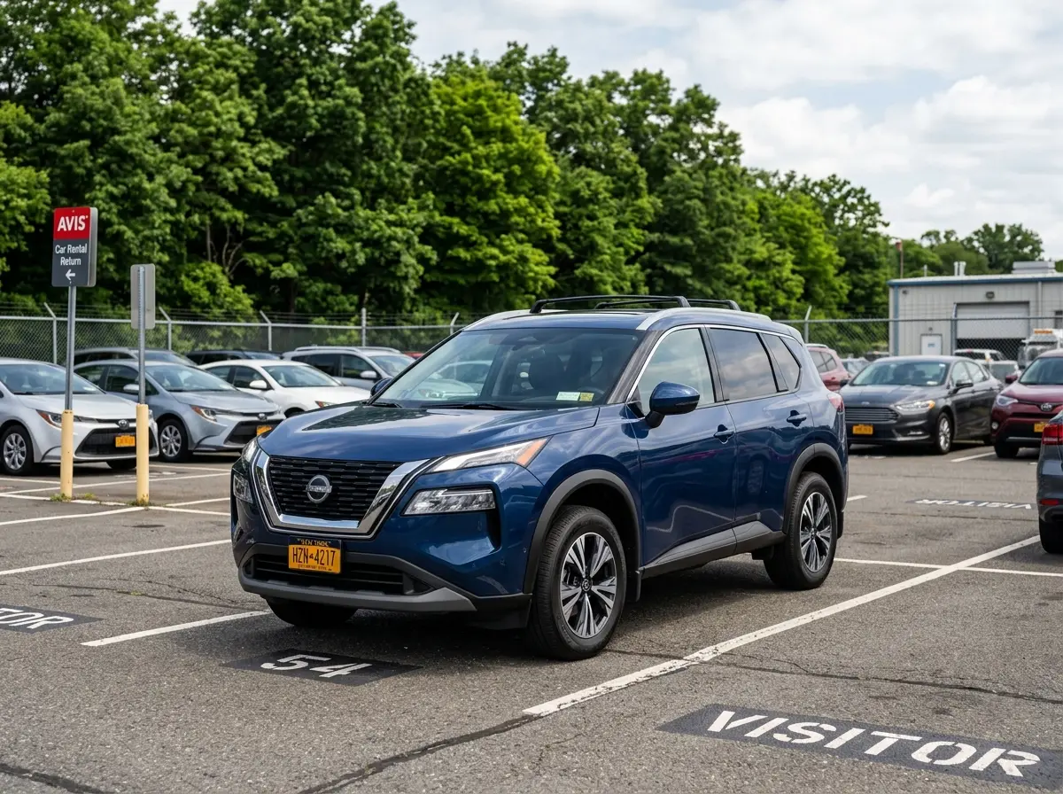 Nissan Rogue compact SUV in dark blue at White Plains NY car rental area, front angle, trees in background