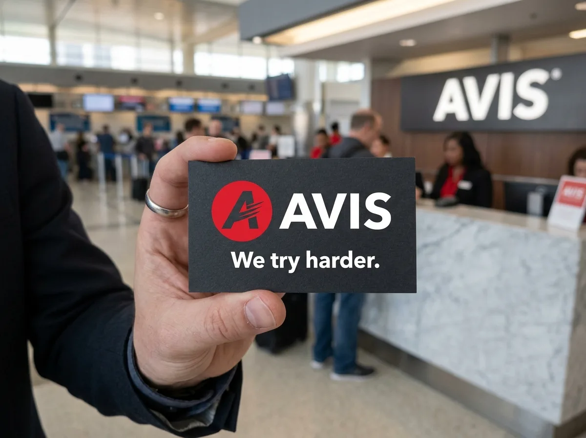 Avis rental company logo, red and white official branding on dark card
