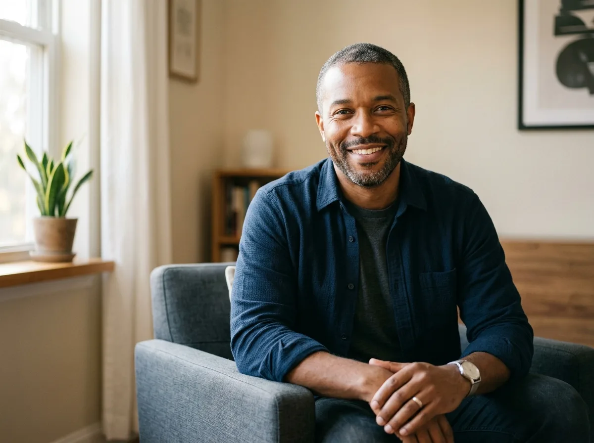 Portrait of satisfied renter Marcus T, male professional in his 40s, neutral background, natural light