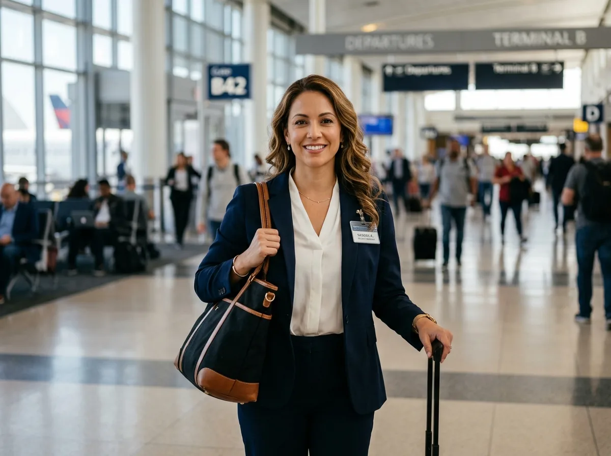 Portrait of female business traveler Sandra K, professional appearance, airport terminal background blur