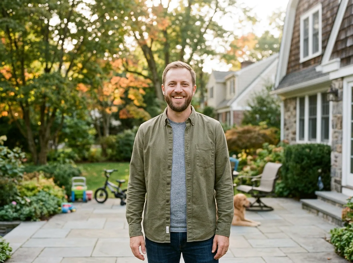 Portrait of family man David R, casual smile, mid-30s, outdoor setting, Westchester NY suburb
