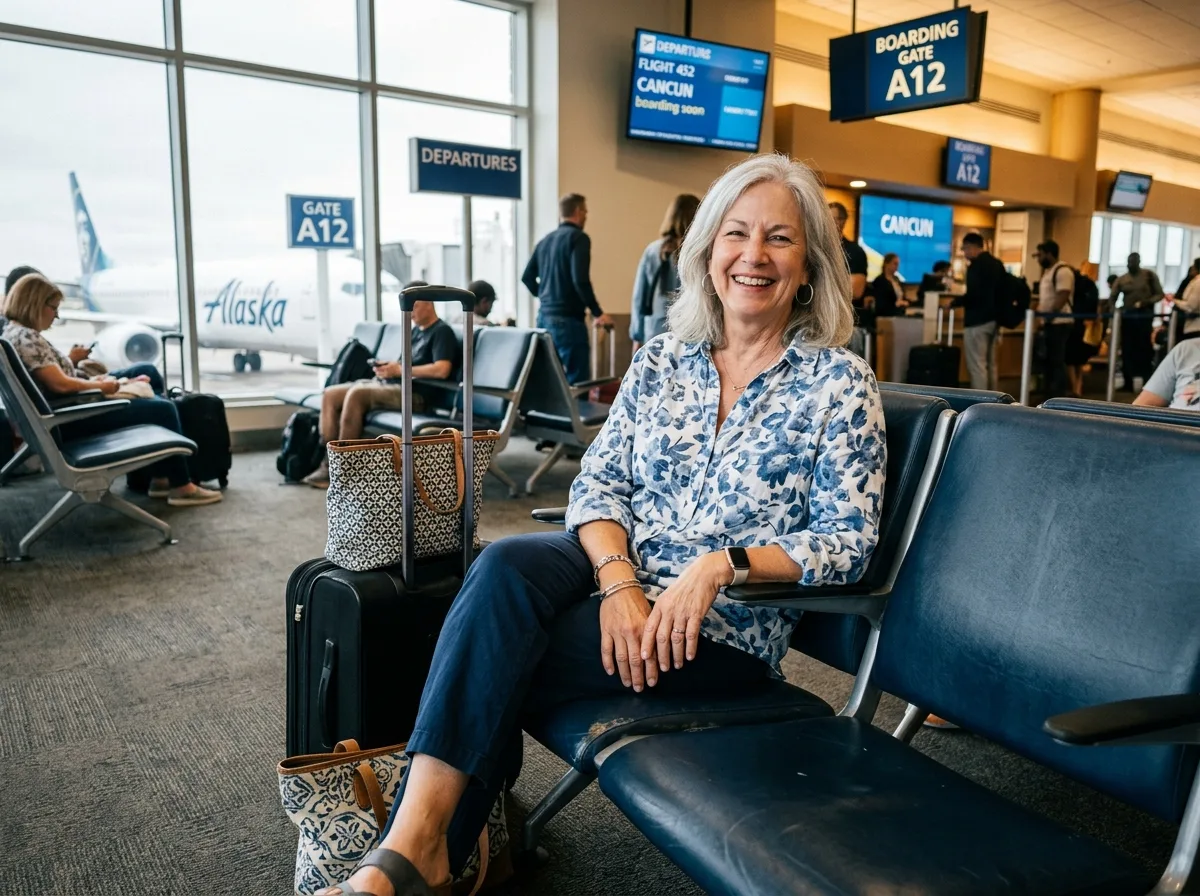 Portrait of older female renter Carol B, relaxed vacation clothing, smiling, terminal waiting area background