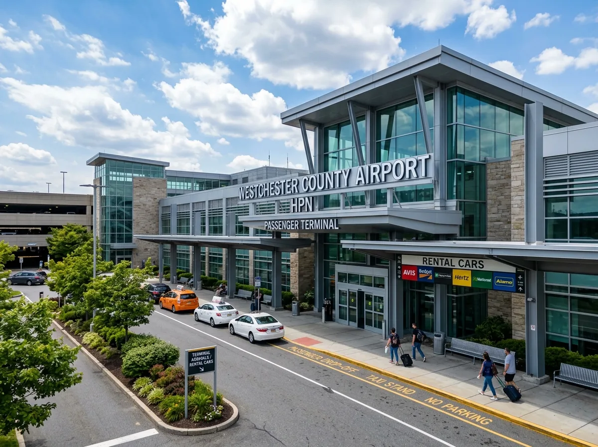 Westchester County Airport exterior, HPN terminal building daytime, rental counter signage visible, modern terminal facade