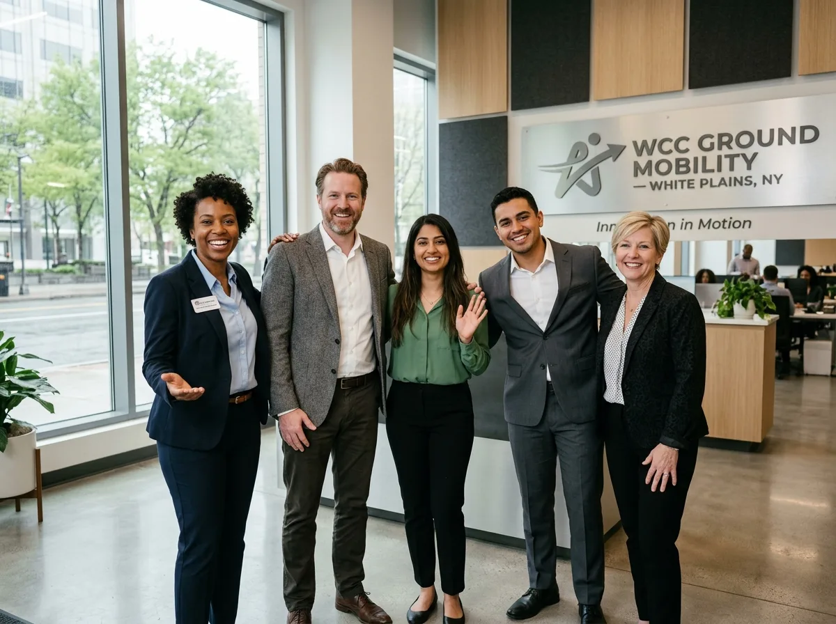 WCC Ground Mobility team members at White Plains NY office, professional setting, welcoming pose, modern interior